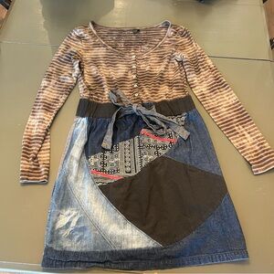 Striped Long Sleeve Patchwork Dress with Tie Waist